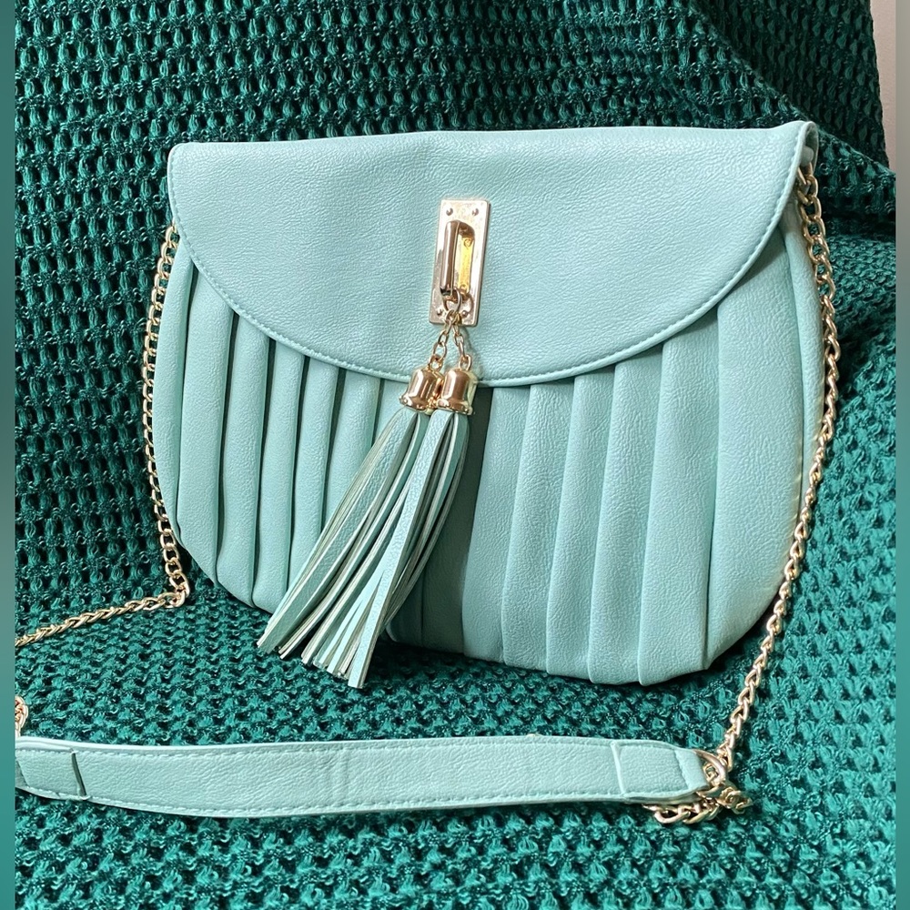 Call It Spring Pebbled Leather Pleated Flap Crossbody Bag with Tassel Gold Chain